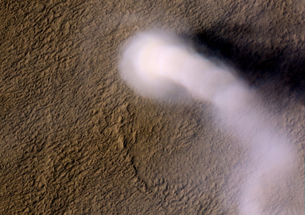 A dust devil on Mars roughly 12 miles or 20 kilometers high