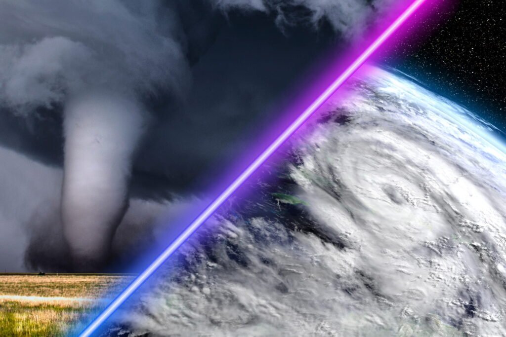 Tornado and a hurricane on opposite sides like they are ready to duel